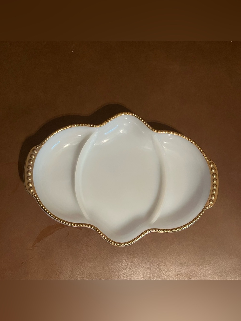 Vtg Anchor Hocking Fire King White Milk Glass 3 Divided Relish Dish w/ Gold Edge